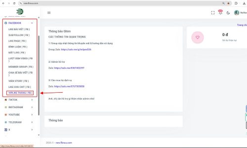Truy cập vào mục FACEBOOK và chọn VIP LIKE THÁNG trên new.fbnuu.com