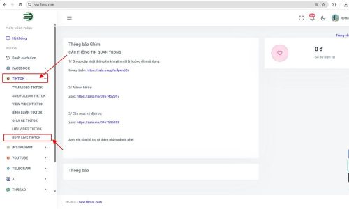 Chọn mục "Tiktok" và chọn tới "Buff Live Tiktok"