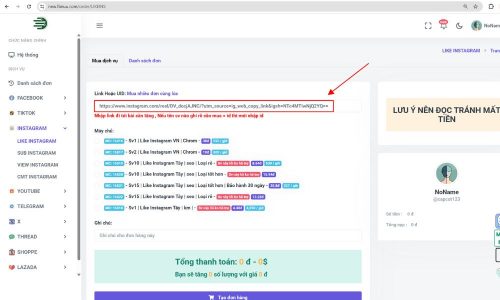 Dán liên kết vào mục "Link Hoặc UID"