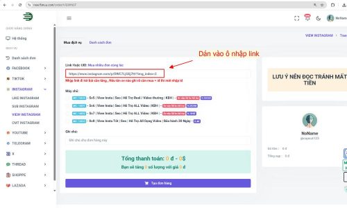 Dán liên kết vào mục "Link Hoặc UID"