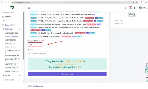 Nhập số lượng folow và gói dịch vụ phù hợp