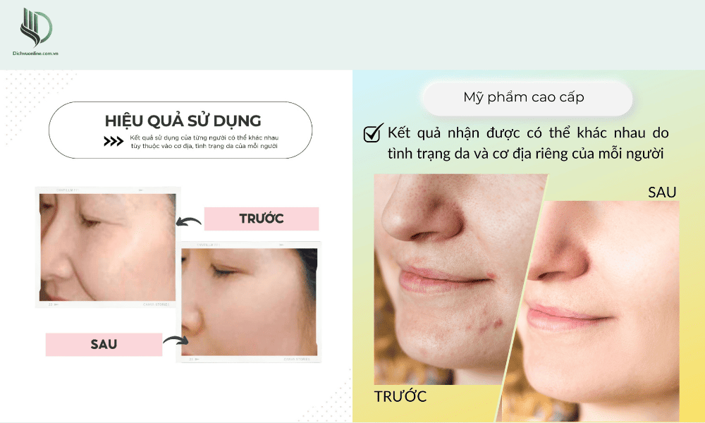 Ảnh so sánh độ hiệu quả khi dùng mỹ phẩm trên làn da trước và sau khi dùng 