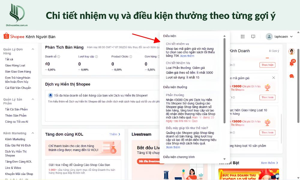 Khi nhà bán quan tâm gợi ý sẽ có từng nhiệm vụ và điều kiện thưởng theo dõi