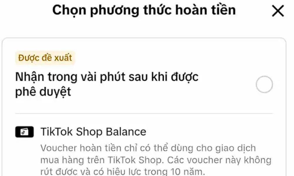 Khách hàng chọn phương thức nhận tiền cho đơn hoàn