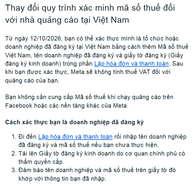 Thuế Meta thay đổi quy trình xác minh mã số thuế đối với nhà quảng cáo tại Việt Nam