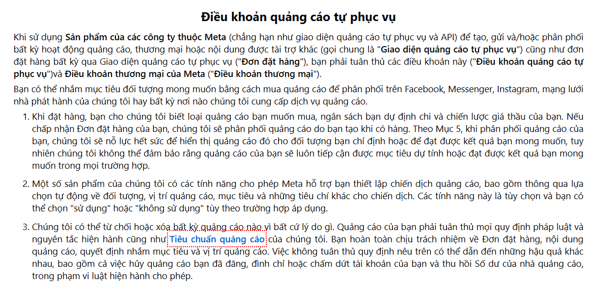 Điều khoản quảng cáo tự phục vụ - Meta (Facebook)